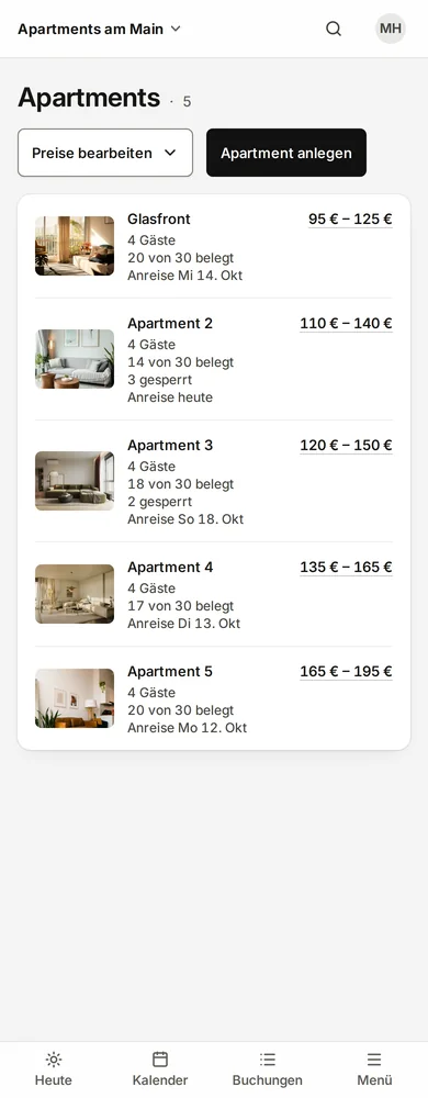 Die Apartments in Keyset am Handy: fünf Wohnungen mit Foto, Gästezahl, Belegung, nächster Anreise und Preisspanne pro Nacht.